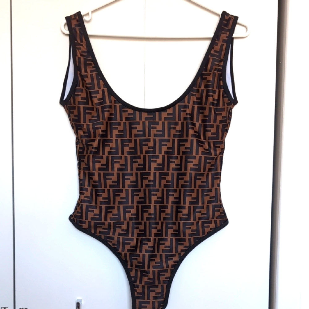 Brown Fendi Logo-Print Scoop One-Piece Swimsuit